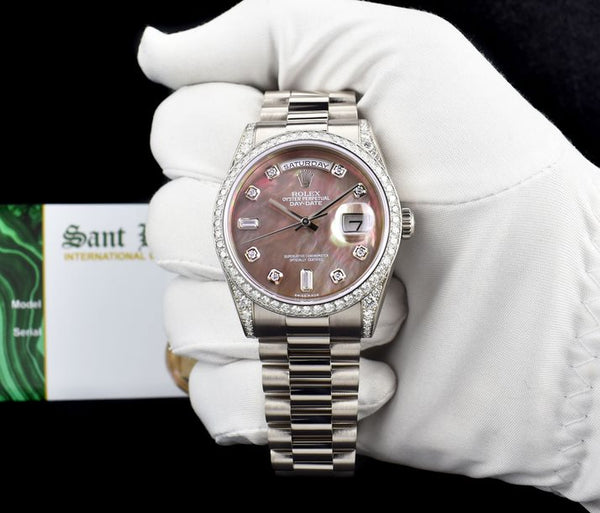 ROLEX White Gold Day Date President MOP Diamond Dial w PAPERS