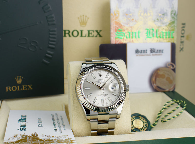 ROLEX 41mm 18kt White Gold & Stainless Steel DateJust II Silver Index Dial Model 116334