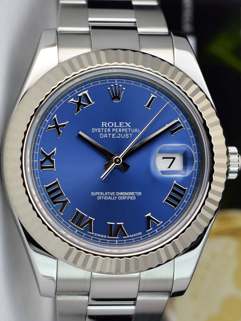 ROLEX Mens 18kt White Gold & Stainless Steel DateJust II Blue Roman Model 116334