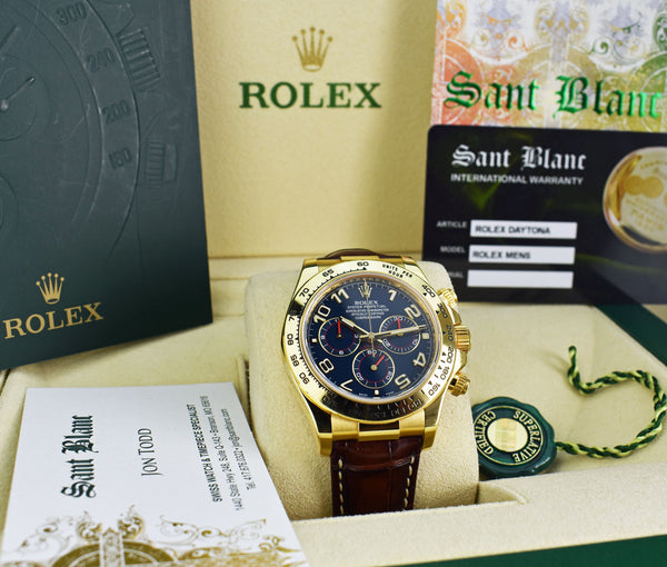 ROLEX Mens 40mm 18kt Gold Daytona Blue Arabic Dial Brown
