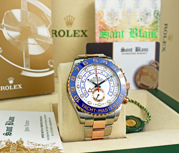 ROLEX 18kt Rose Gold & Stainless Steel YachtMaster II Blue Hands Model 116681