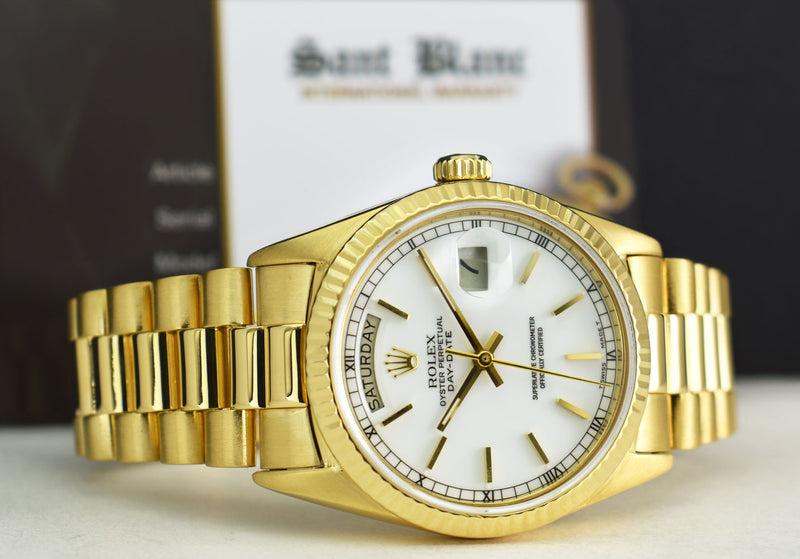 ROLEX 18kt Yellow Gold Day Date President White Stick Dial Model 18038