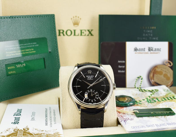 ROLEX 39mm White Gold Cellini Dual Time Black Dial Box Card