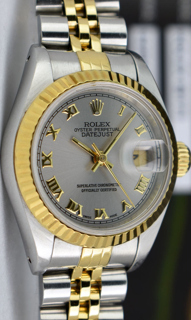 ROLEX Ladies 26mm 18kt Yellow Gold & Stainless Steel DateJust Silver Roman Dial Model 69173
