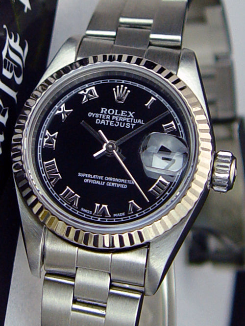 ROLEX 26mm Ladies 18kt White Gold & Stainless Steel DateJust Black Roman Dial Model 79174