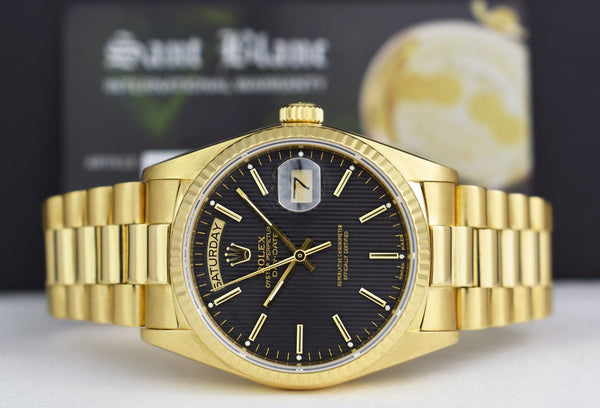 ROLEX Mens 18kt Gold Day Date President Black Tapestry Stick