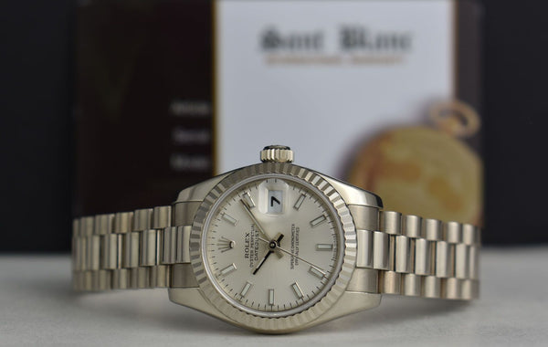 ROLEX Ladies 18kt White Gold Datejust President Silver Index Dial Model 179179