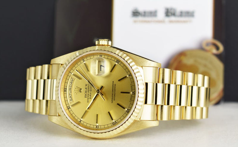 ROLEX 36mm 18kt Gold Day Date President Champagne Stick Dial Model 18238