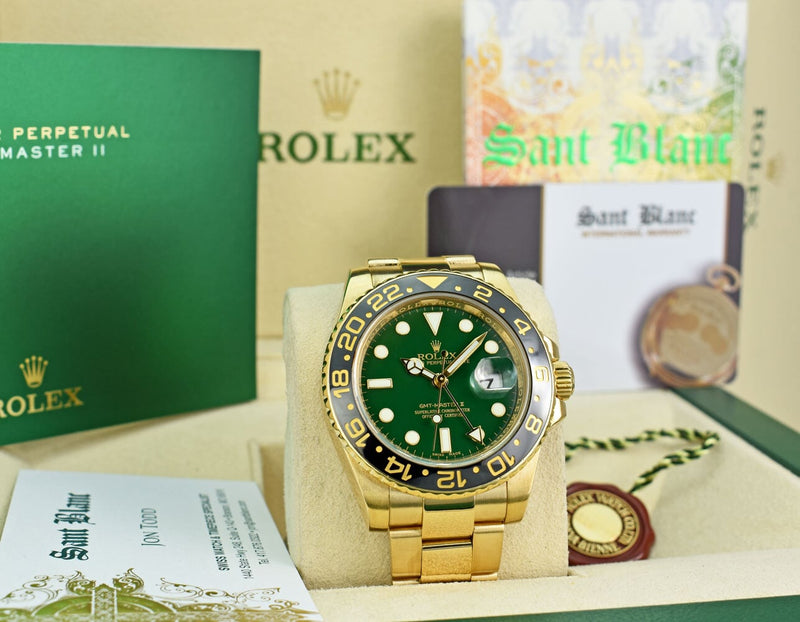 ROLEX 18kt Yellow Gold GMT Master II Green Dial Card Model 116718