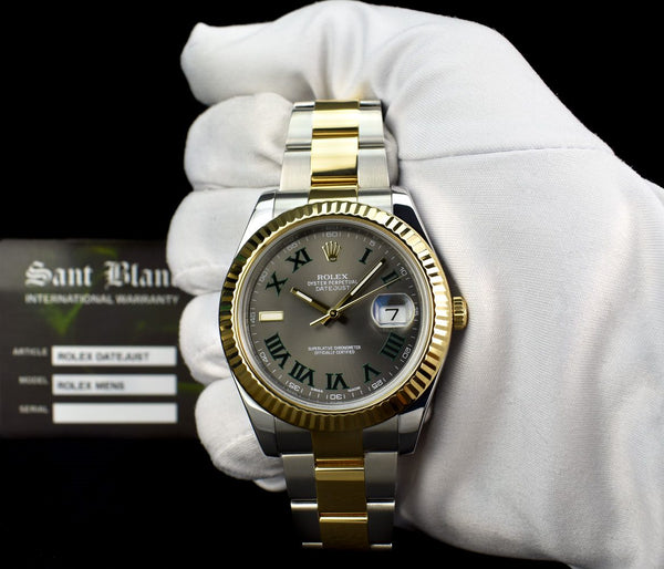 ROLEX 18kt Gold Stainless DateJust II Wimbledon Slate Roman