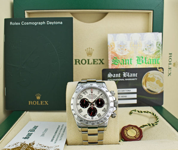 ROLEX Mens Stainless Daytona White Panda Red Hands Fat Buckle