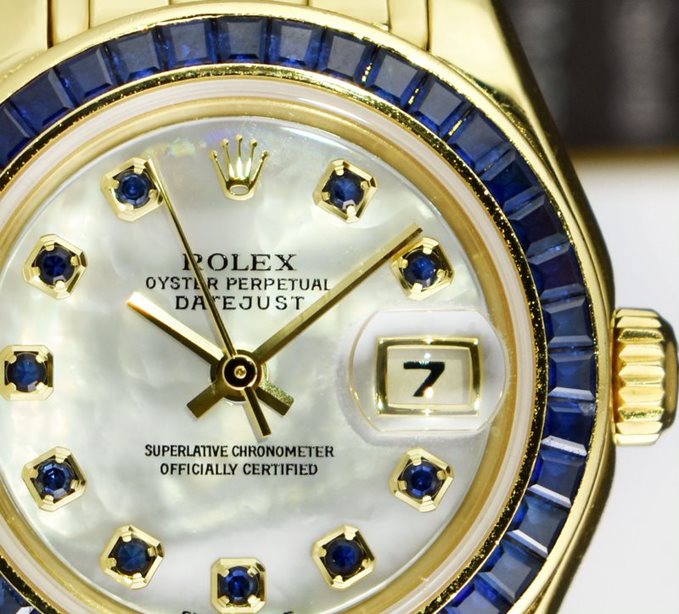 ROLEX Ladies 18kt Gold PearlMaster Masterpiece Datejust Mother of Pearl Sapphire Dial Model 80308