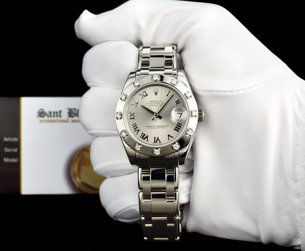 ROLEX Midsize White Gold Pearlmaster Datejust Silver Roman Card