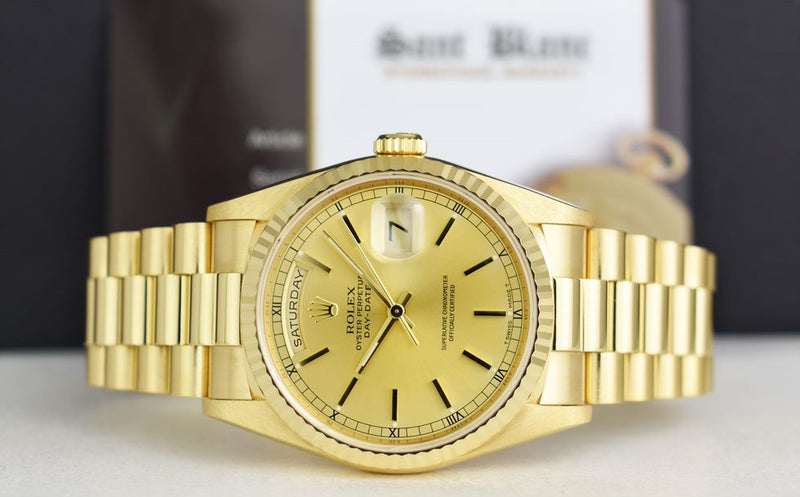 ROLEX 36mm 18kt Gold Day Date President Champagne Stick Dial Model 18238