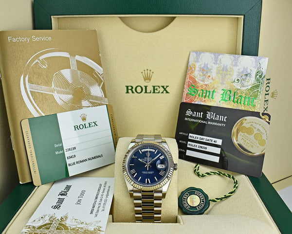ROLEX 18kt White Gold Day Date 40 President Blue Roman Dial With
