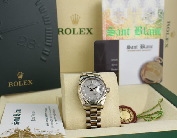 ROLEX Ladies 18kt White Gold President Mother Of Pearl Diamond Pearl Dial Model 179179