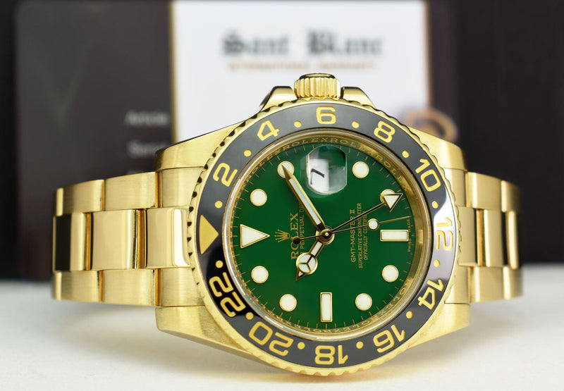 ROLEX 18kt Yellow Gold GMT Master II Green Dial Card Model 116718
