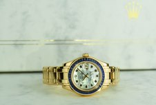 ROLEX Ladies 18kt Gold PearlMaster Masterpiece Datejust Mother of Pearl Sapphire Dial Model 80308