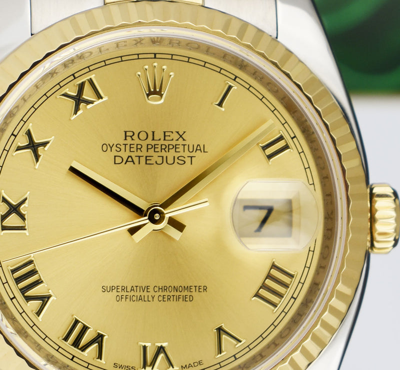 ROLEX Rehaut 36mm 18kt Gold & Stainless Steel DateJust Champagne Roman Model 116233