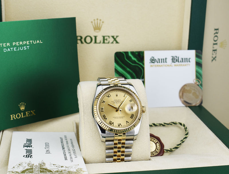 ROLEX Rehaut 36mm 18kt Gold & Stainless Steel DateJust Champagne Roman Model 116233