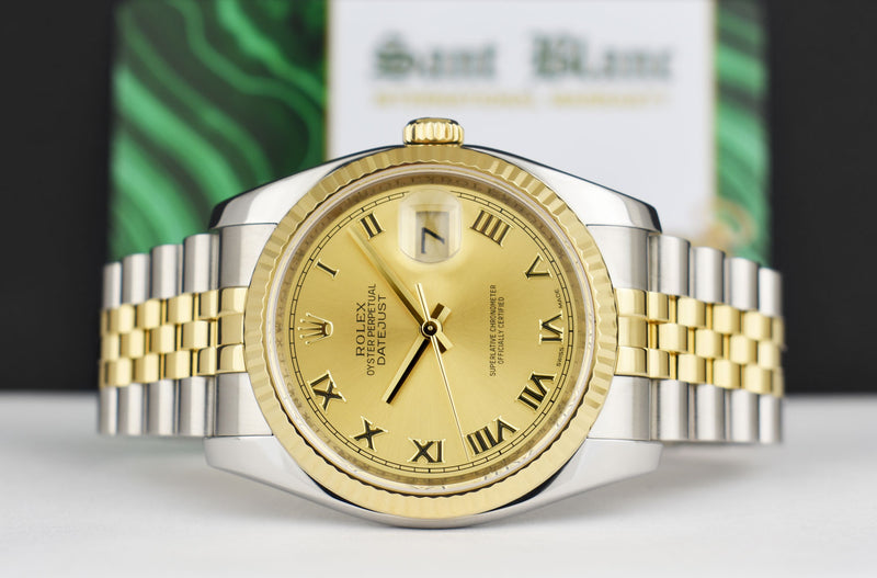 ROLEX Rehaut 36mm 18kt Gold & Stainless Steel DateJust Champagne Roman Model 116233