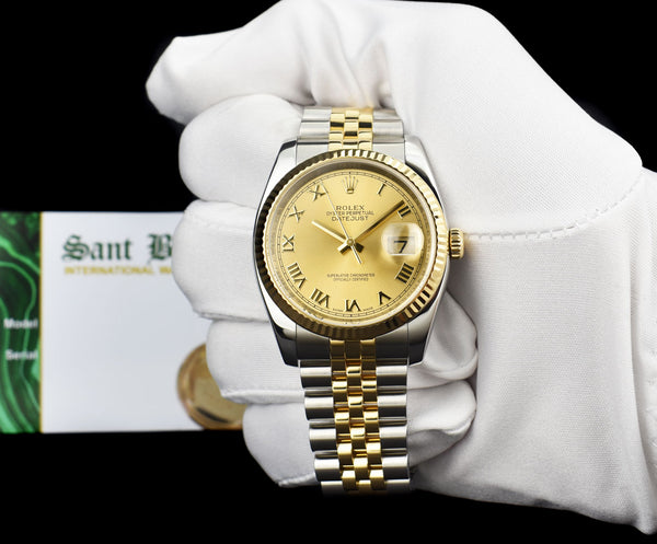 ROLEX Rehaut 36mm 18kt Gold & Stainless Steel DateJust Champagne Roman Model 116233