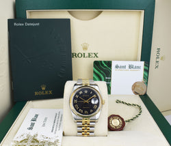 ROLEX 36mm 18kt Gold & Stainless Steel DateJust Black Jubilee Roman Dial Model 116233