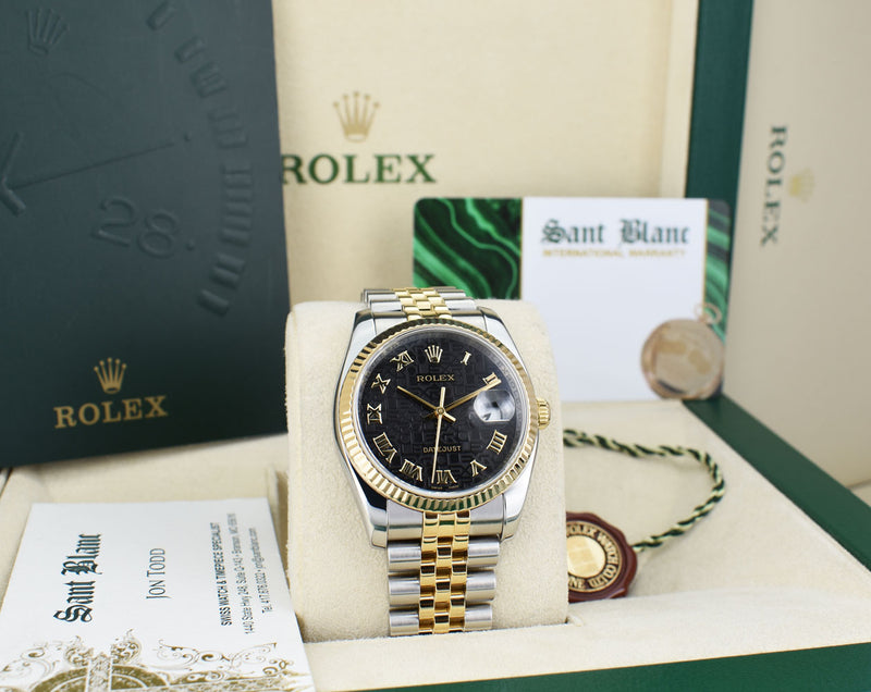 ROLEX 36mm 18kt Gold & Stainless Steel DateJust Black Jubilee Roman Dial Model 116233