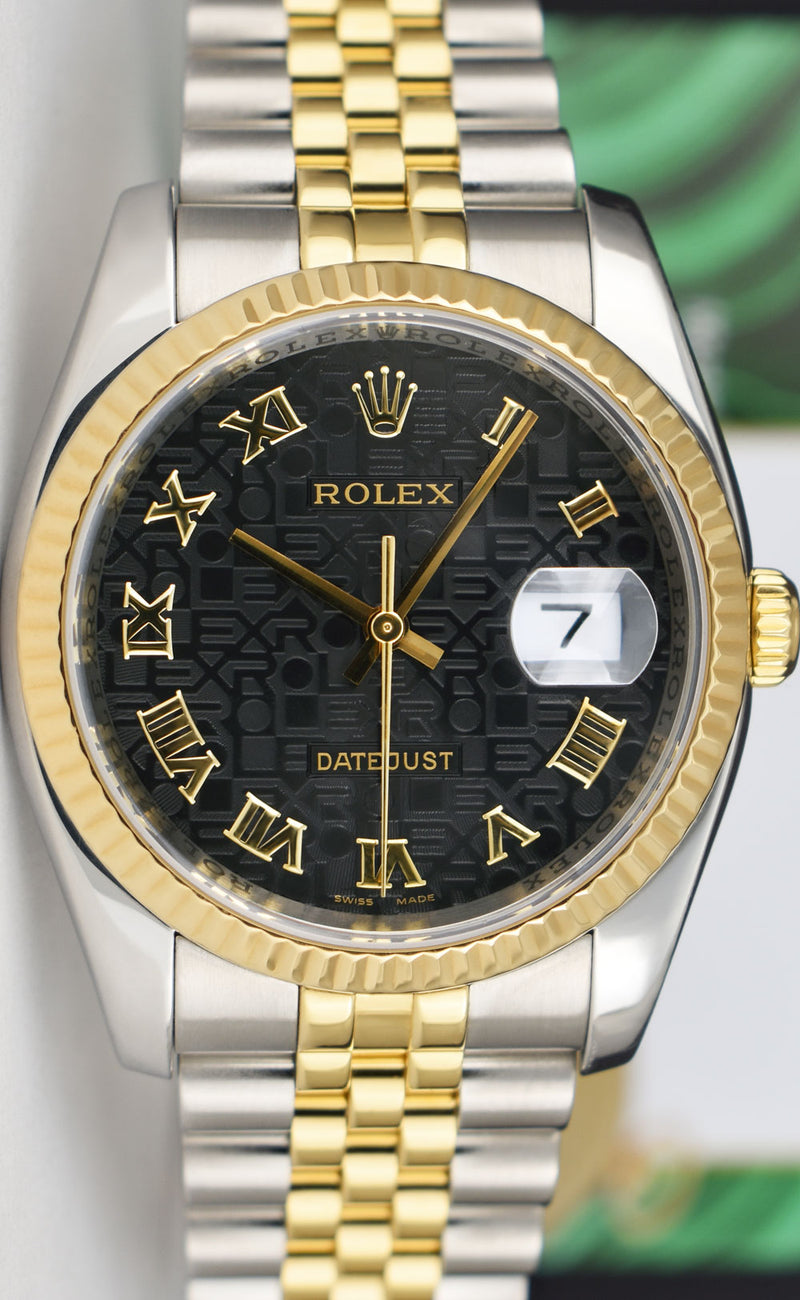 ROLEX 36mm 18kt Gold & Stainless Steel DateJust Black Jubilee Roman Dial Model 116233