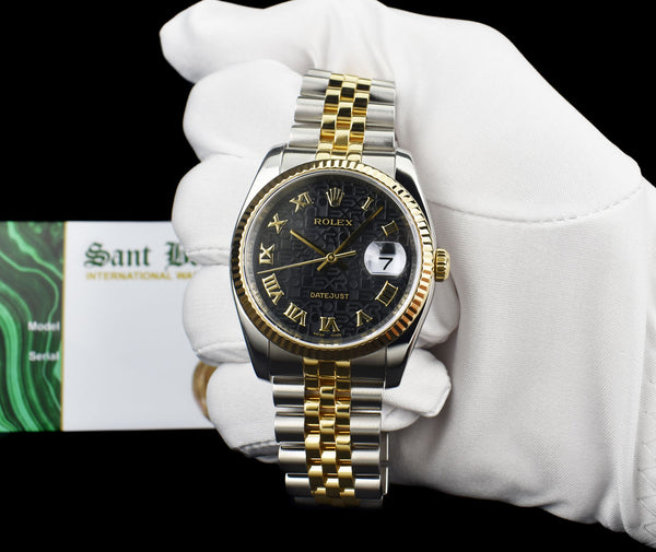 ROLEX 36mm 18kt Gold & Stainless Steel DateJust Black Jubilee Roman Dial Model 116233