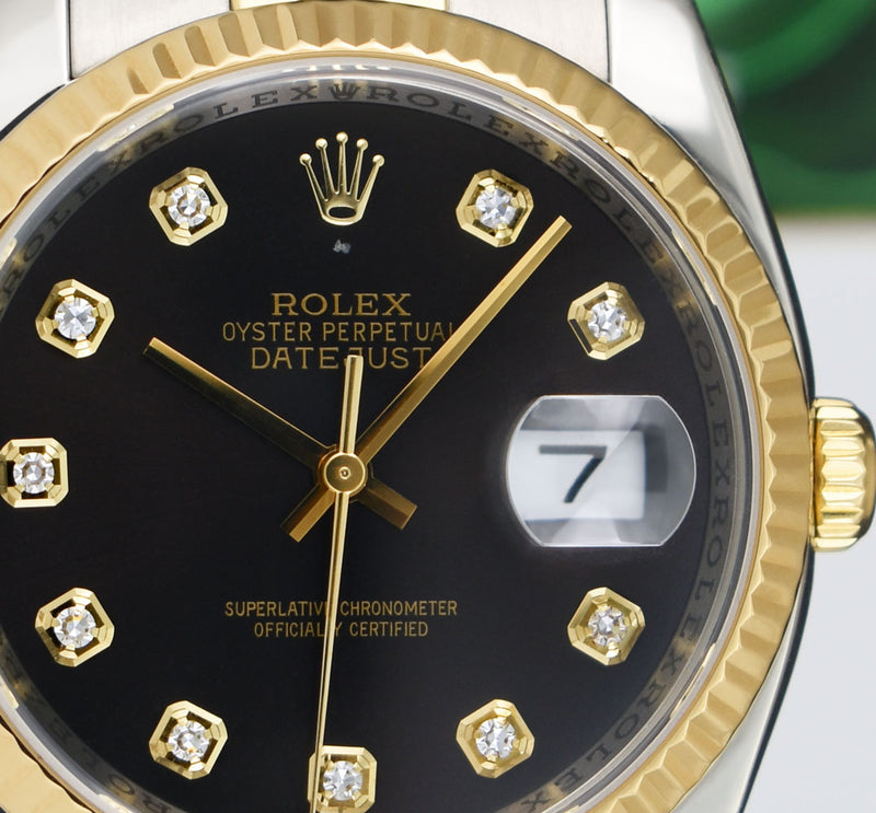 ROLEX 36mm 18kt Gold & Stainless Steel DateJust Black Diamond Custom Bezel Model 116233