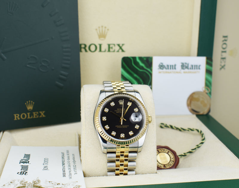 ROLEX 36mm 18kt Gold & Stainless Steel DateJust Black Diamond Custom Bezel Model 116233