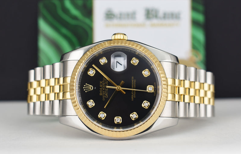 ROLEX 36mm 18kt Gold & Stainless Steel DateJust Black Diamond Custom Bezel Model 116233