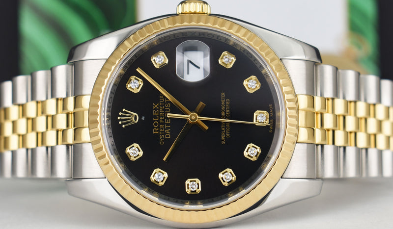 ROLEX 36mm 18kt Gold & Stainless Steel DateJust Black Diamond Custom Bezel Model 116233