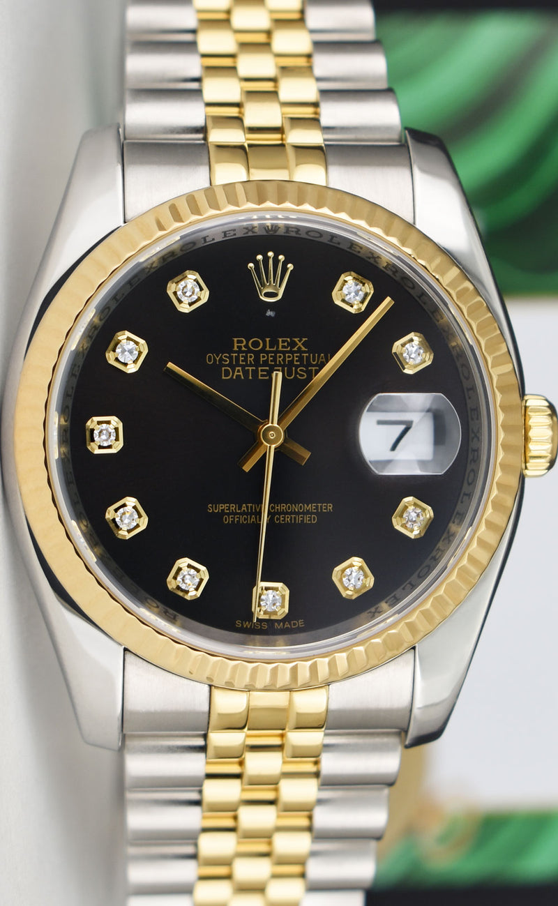 ROLEX 36mm 18kt Gold & Stainless Steel DateJust Black Diamond Custom Bezel Model 116233