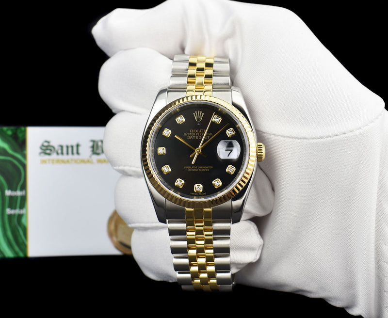 ROLEX 36mm 18kt Gold & Stainless Steel DateJust Black Diamond Custom Bezel Model 116233