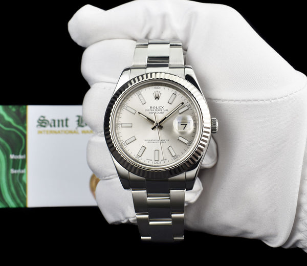 ROLEX 18kt White Gold & Stainless Steel DateJust II Silver Index Dial Model 116334