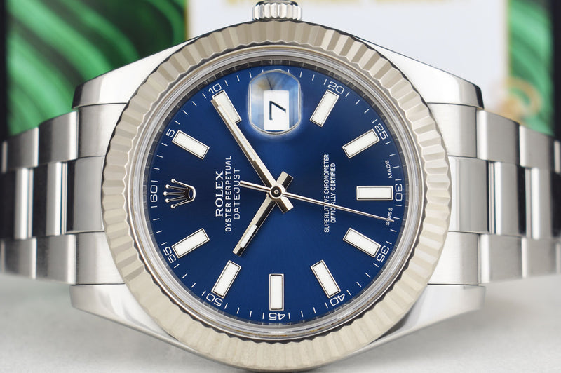 ROLEX 18kt White Gold & Stainless Steel DateJust II Blue Index Dial w/ Card Model 116334