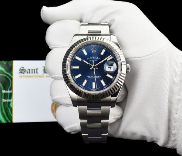 ROLEX 18kt White Gold & Stainless Steel DateJust II Blue Index Dial w/ Card Model 116334