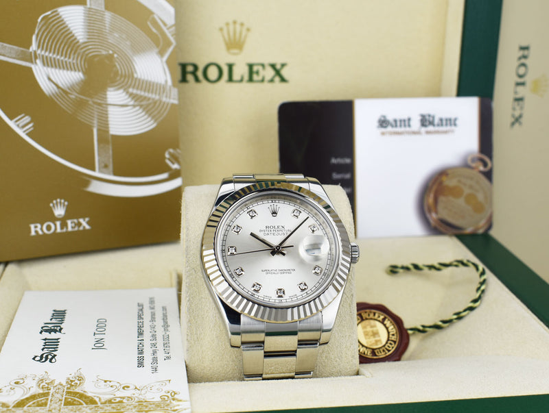 ROLEX 41mm 18kt White Gold & Stainless Steel DateJust II Silver Diamond Dial Model 116334