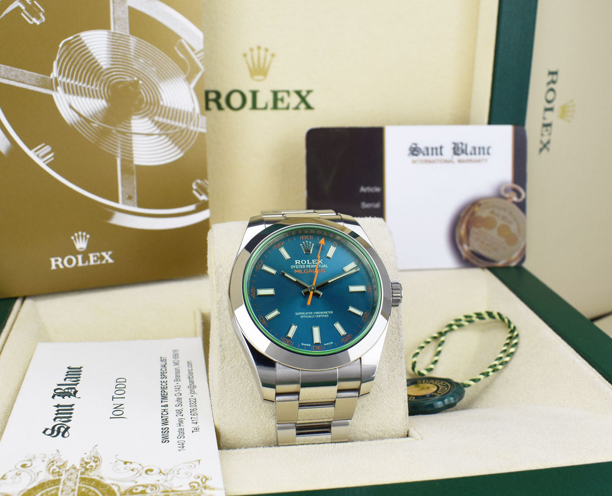 ROLEX 40mm Stainless Steel Milgauss Blue Z Dial w Card Model 116400GV Sant Blanc