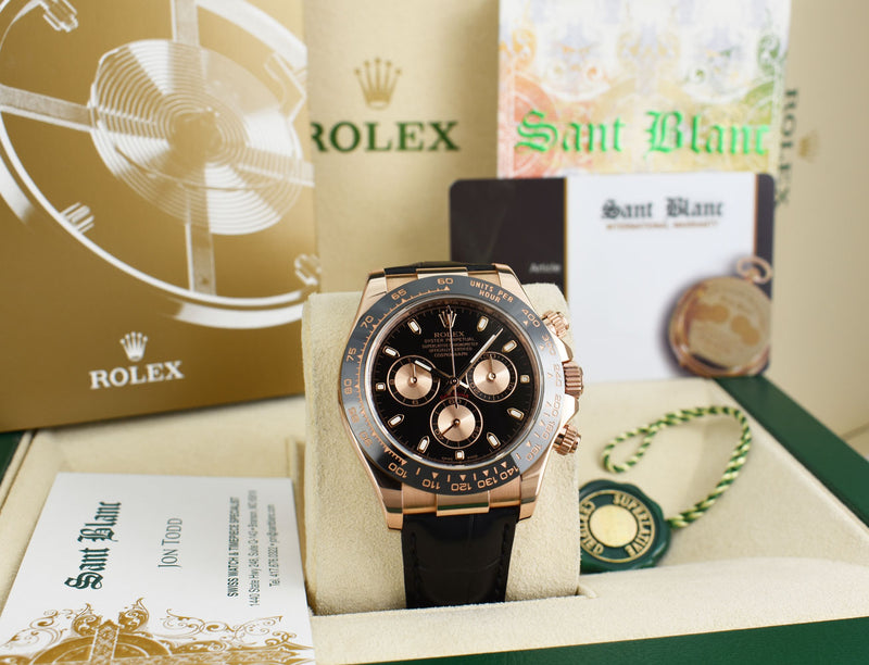 ROLEX 18kt Rose Gold Daytona Leather Strap Black Index Dial 116515*