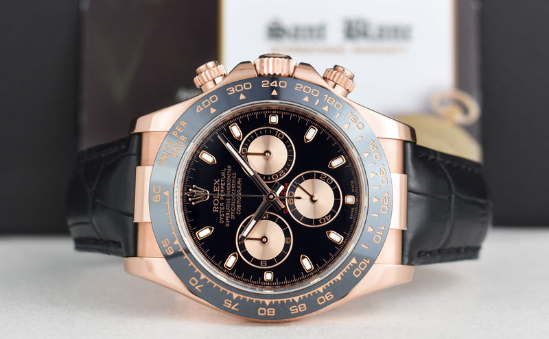ROLEX 18kt Rose Gold Daytona Leather Strap Black Index Dial 116515*