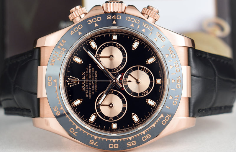 ROLEX 18kt Rose Gold Daytona Leather Strap Black Index Dial 116515*