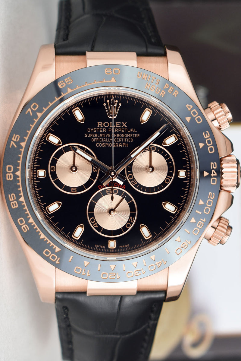 ROLEX 18kt Rose Gold Daytona Leather Strap Black Index Dial 116515*