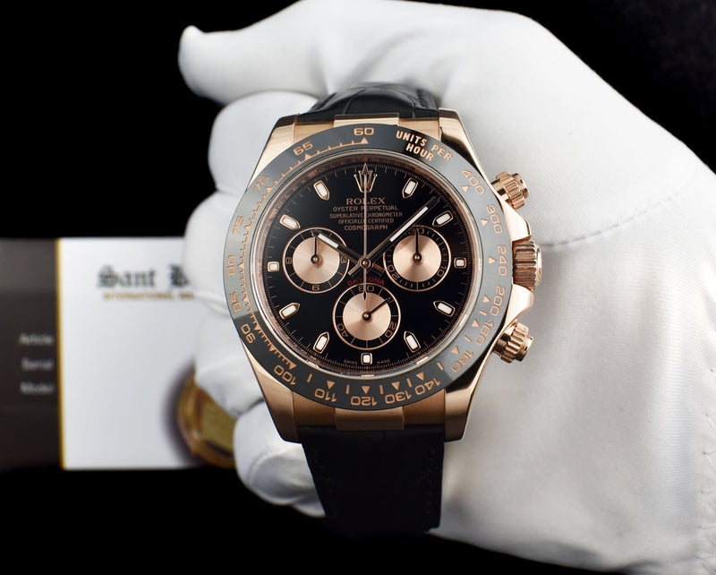 ROLEX 18kt Rose Gold Daytona Leather Strap Black Index Dial 116515*