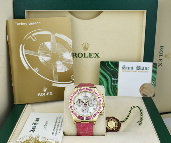 ROLEX 18kt Gold Daytona Mother of Pearl Dial Custom Bezel Pink Croc Strap Model 116518