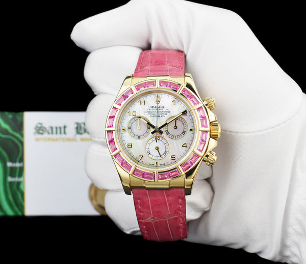 ROLEX 18kt Gold Daytona Mother of Pearl Dial Custom Bezel Pink Croc Strap Model 116518