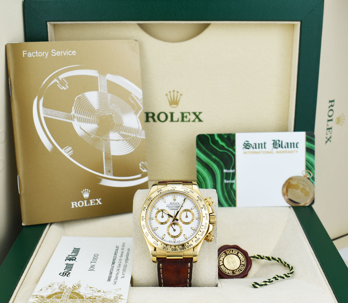 ROLEX 40mm 18kt Yellow Gold Daytona Leather Strap White Index Dial Mod
