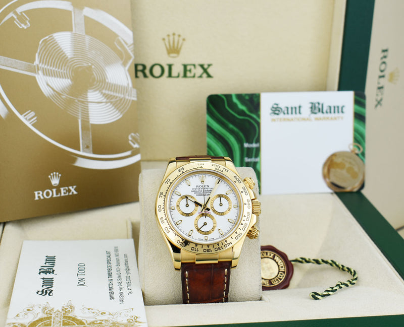 ROLEX 40mm 18kt Yellow Gold Daytona Leather Strap White Index Dial Model 116518